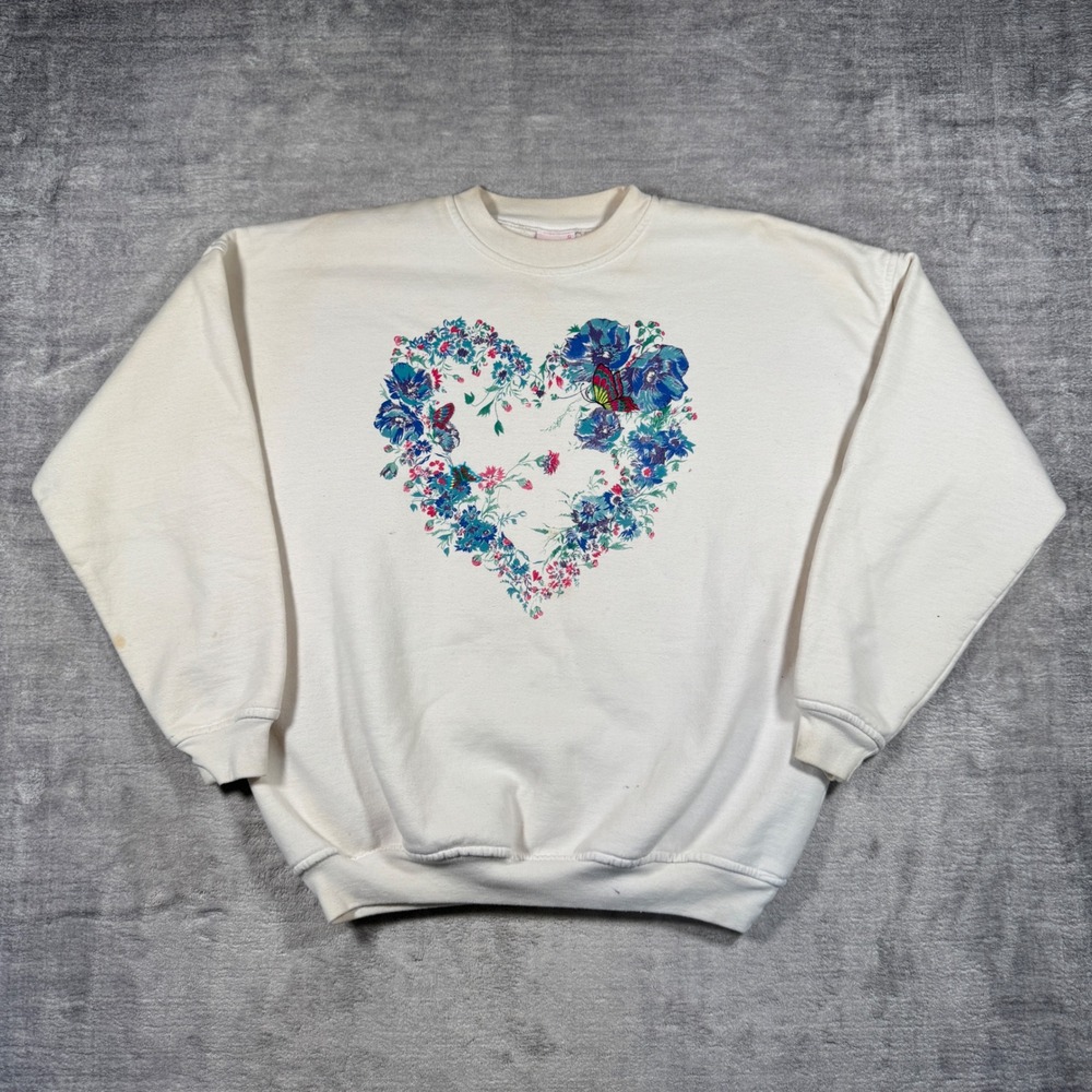 Vintage Grandma Sweatshirt Women Large White 80s Butterfly Cute Nature Crewneck